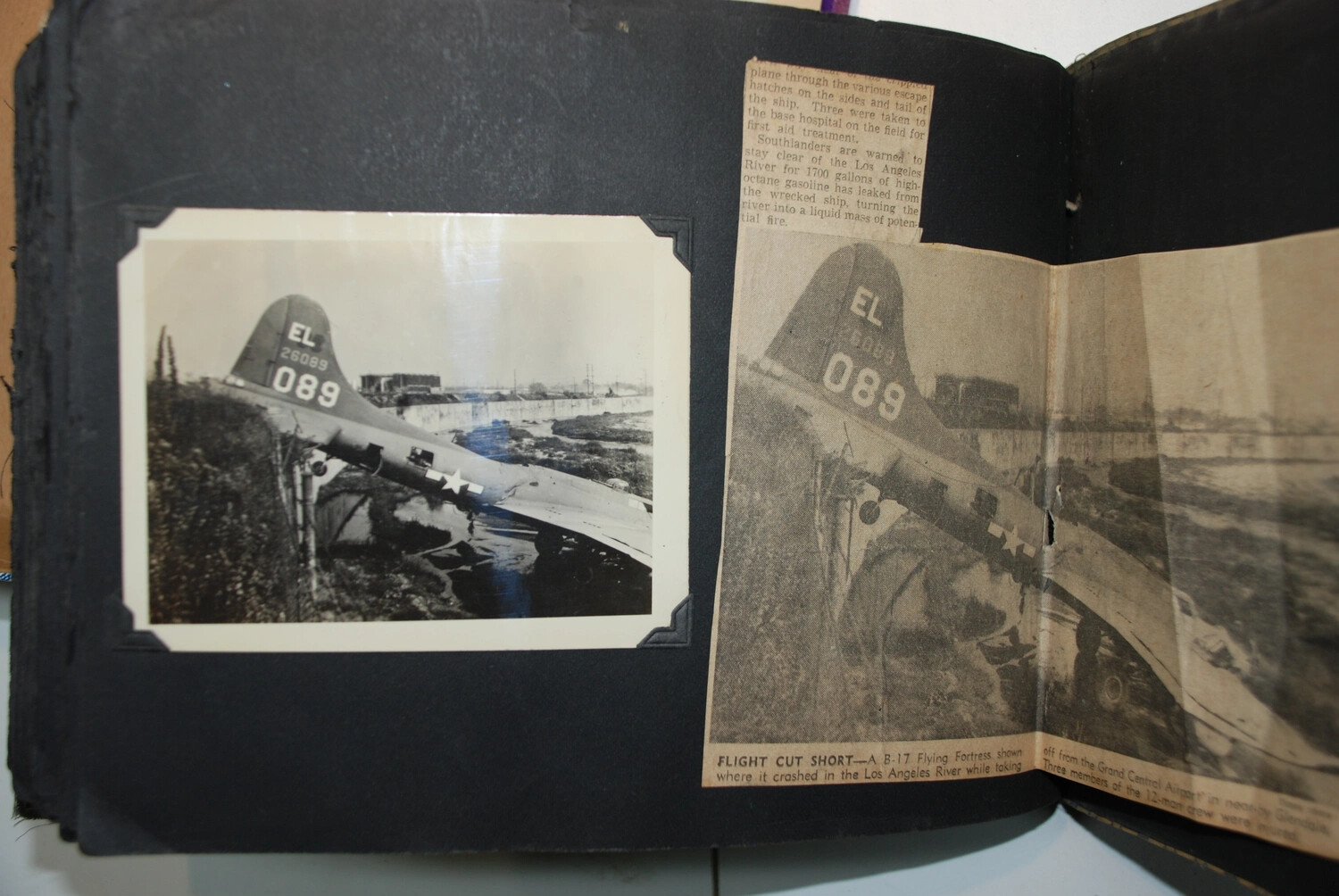 B-17 Flying Fortress (Tail No. 26089) Crash Wreckage in the Los Angeles River After Takeoff from Grand Central Airport, Glendale, California, World War II