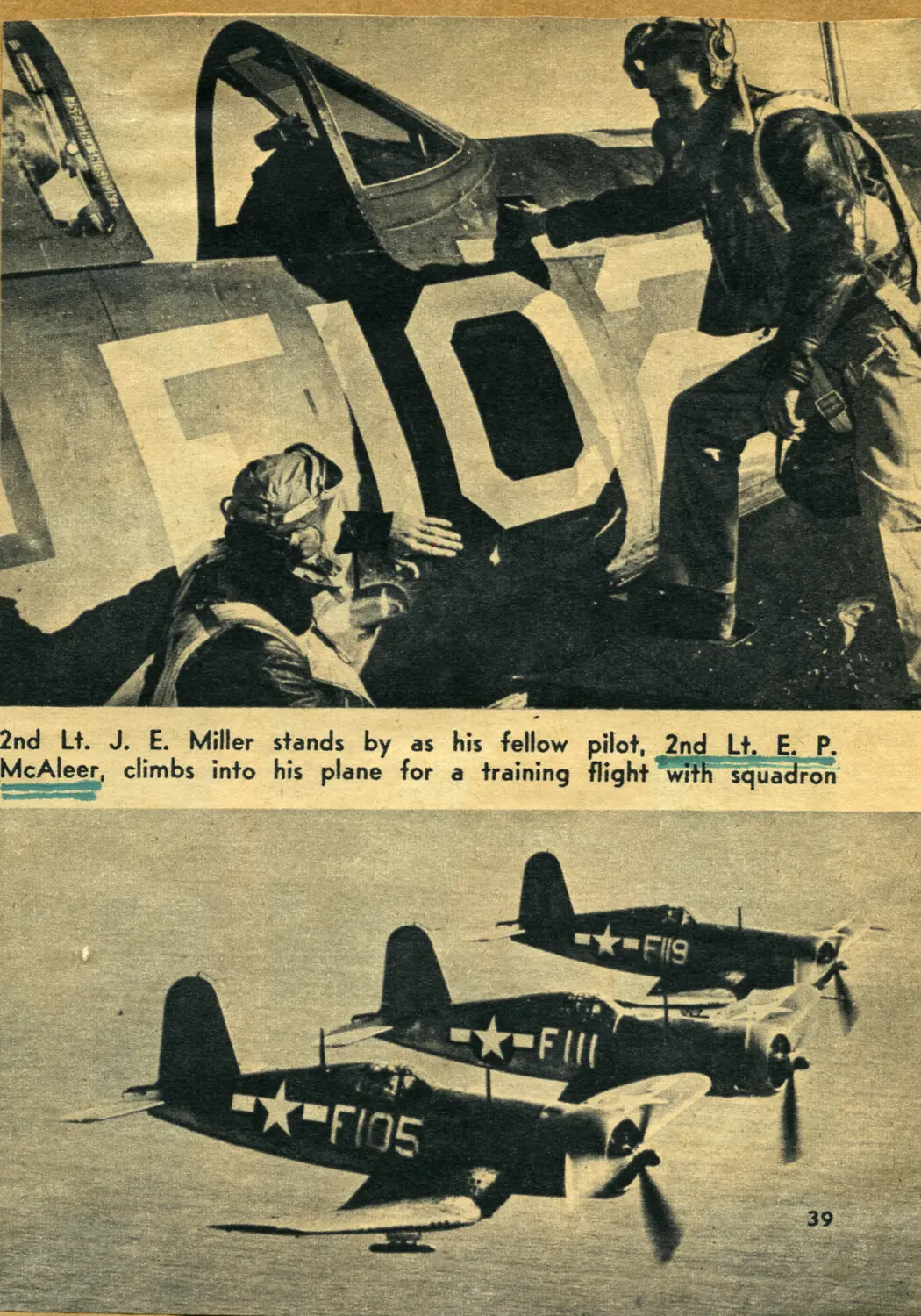 Magazine Clipping: 2nd Lt. J. E. Miller and 2nd Lt. E. P. McAleer Preparing for a Training Flight, U.S. Naval Aviation, WWII