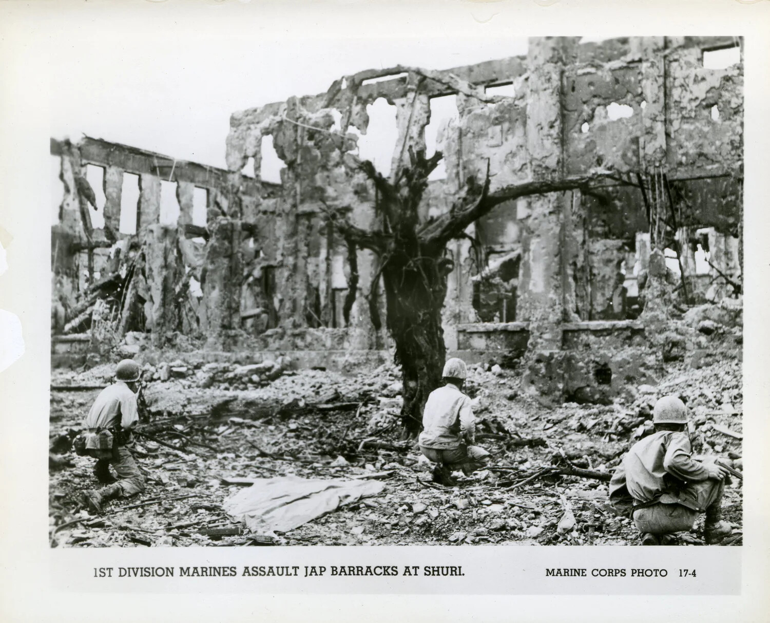 1st Division Marines Assault Japanese Barracks at Shuri, Battle of Okinawa, 1945 (Marine Corps Photo 17-4)