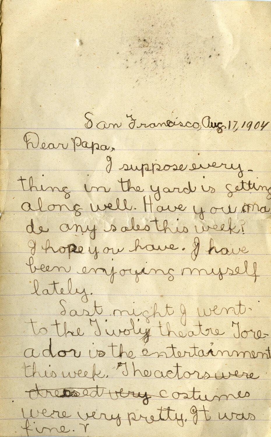 Handwritten Personal Letter, San Francisco, August 17, 1904