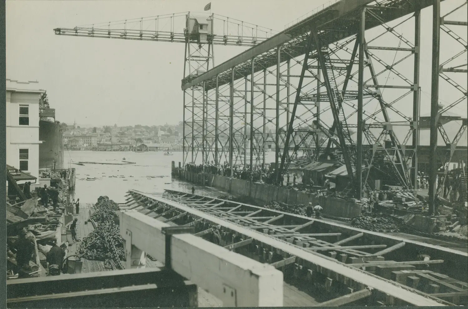 Shipyard Launching Way with Gantry Crane and Crowd of Spectators, likely Mare Island Naval Shipyard, c. 1908-1909