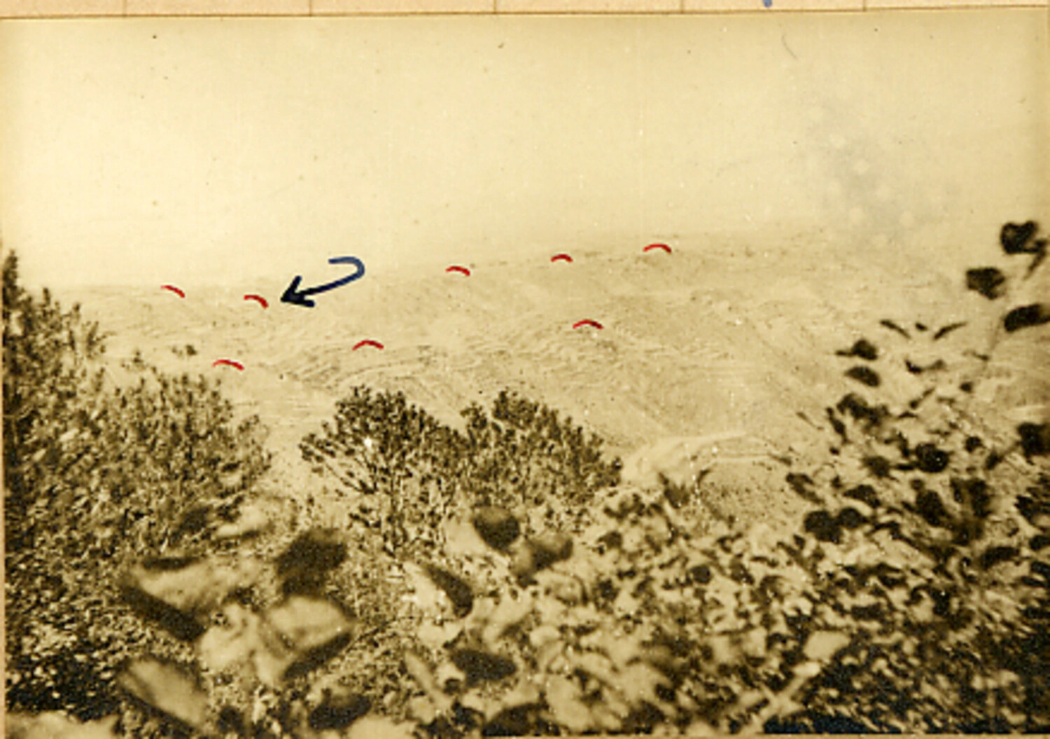 Annotated Battlefield Terrain Photograph Marking Line of Advance, North China, WWII Era