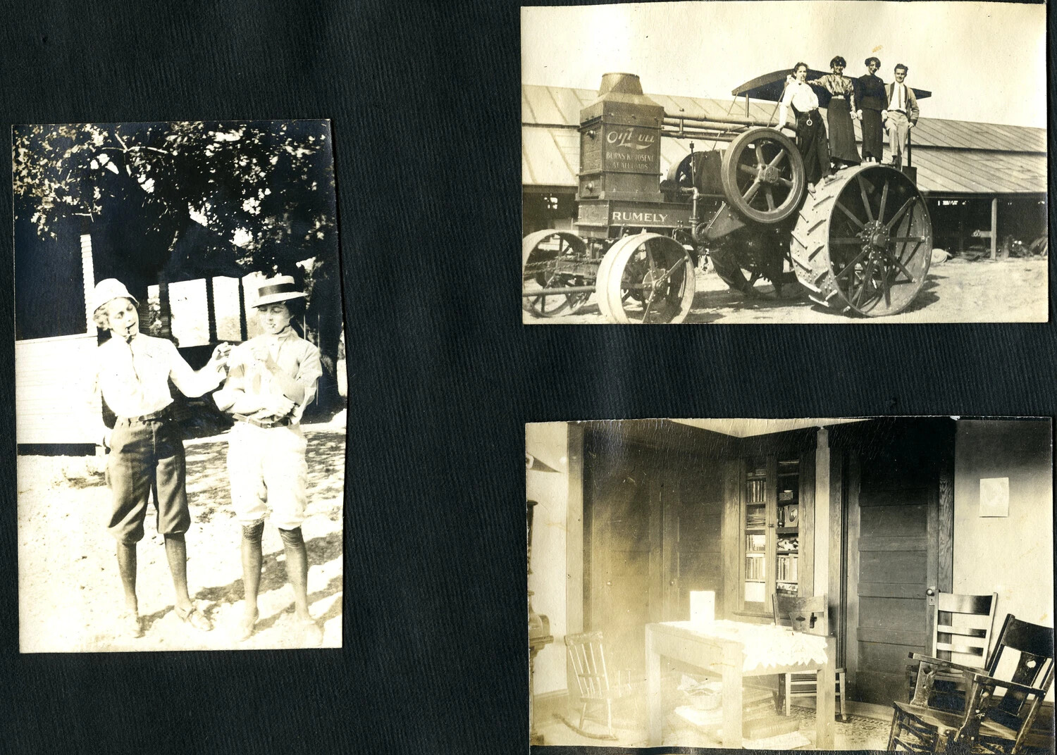 Farm Life Snapshots: Women in Riding Attire, Family Posed on a Rumely 'OilPull' Tractor, and Farmhouse Interior, c. 1917-1919