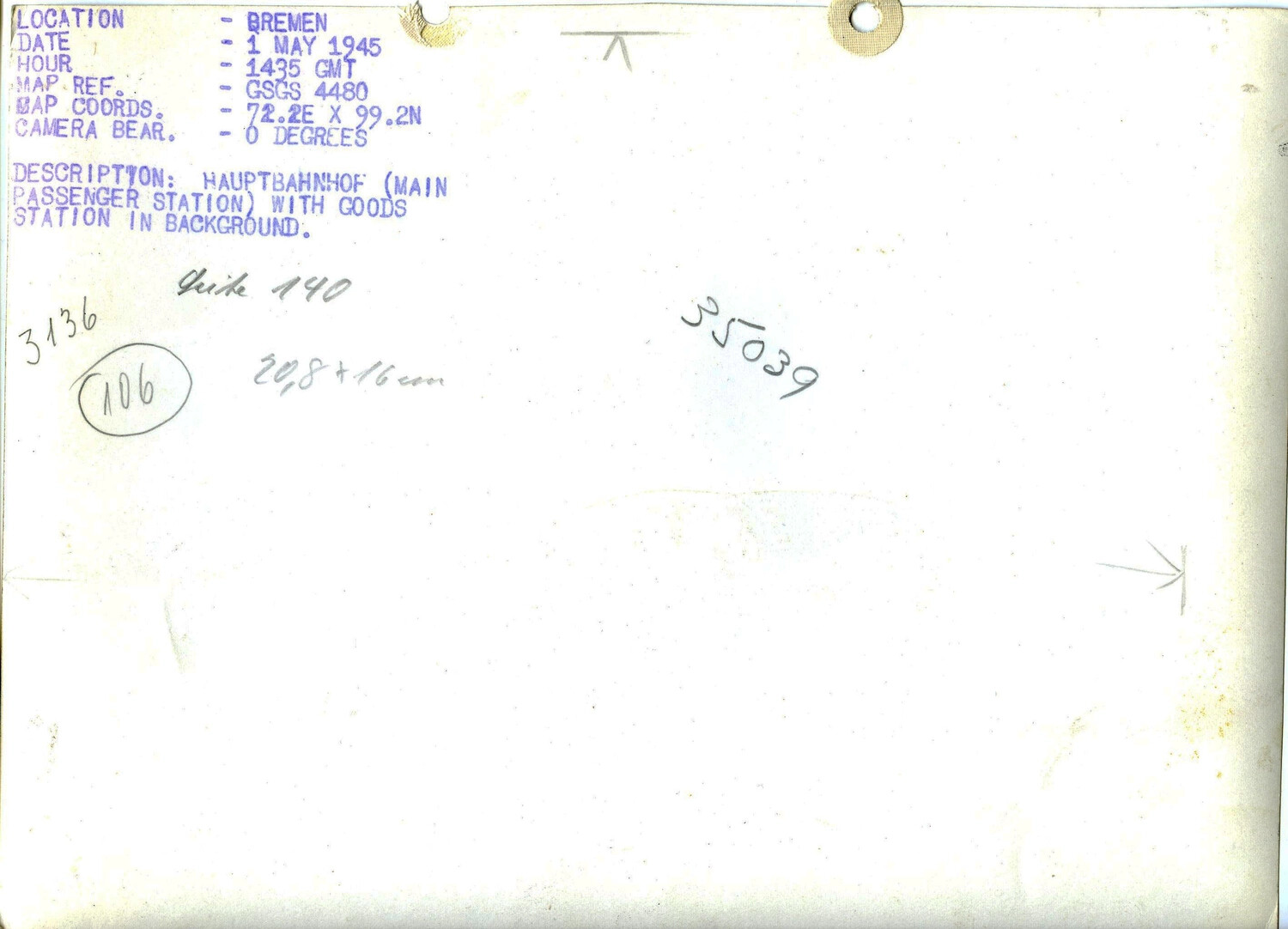 Reverse of Allied Aerial Reconnaissance Photograph: Bremen Hauptbahnhof, 1 May 1945
