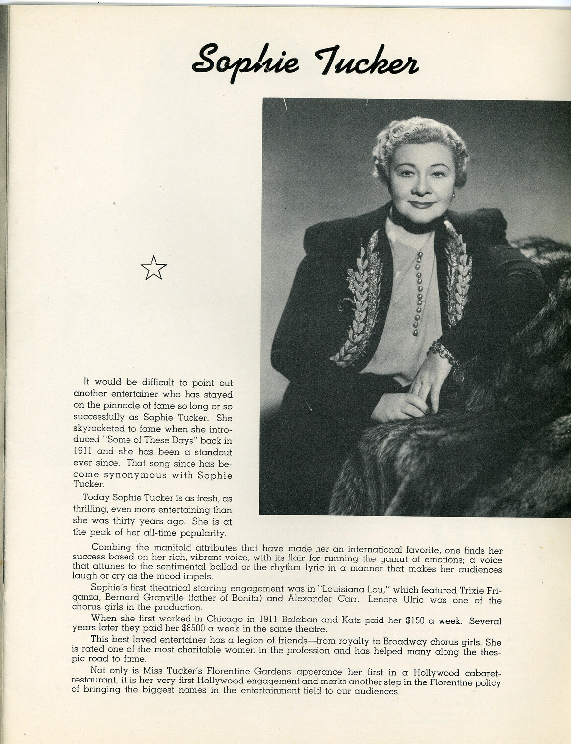 Sophie Tucker: Biographical Portrait Page, Florentine Gardens Souvenir Program, c. early 1940s
