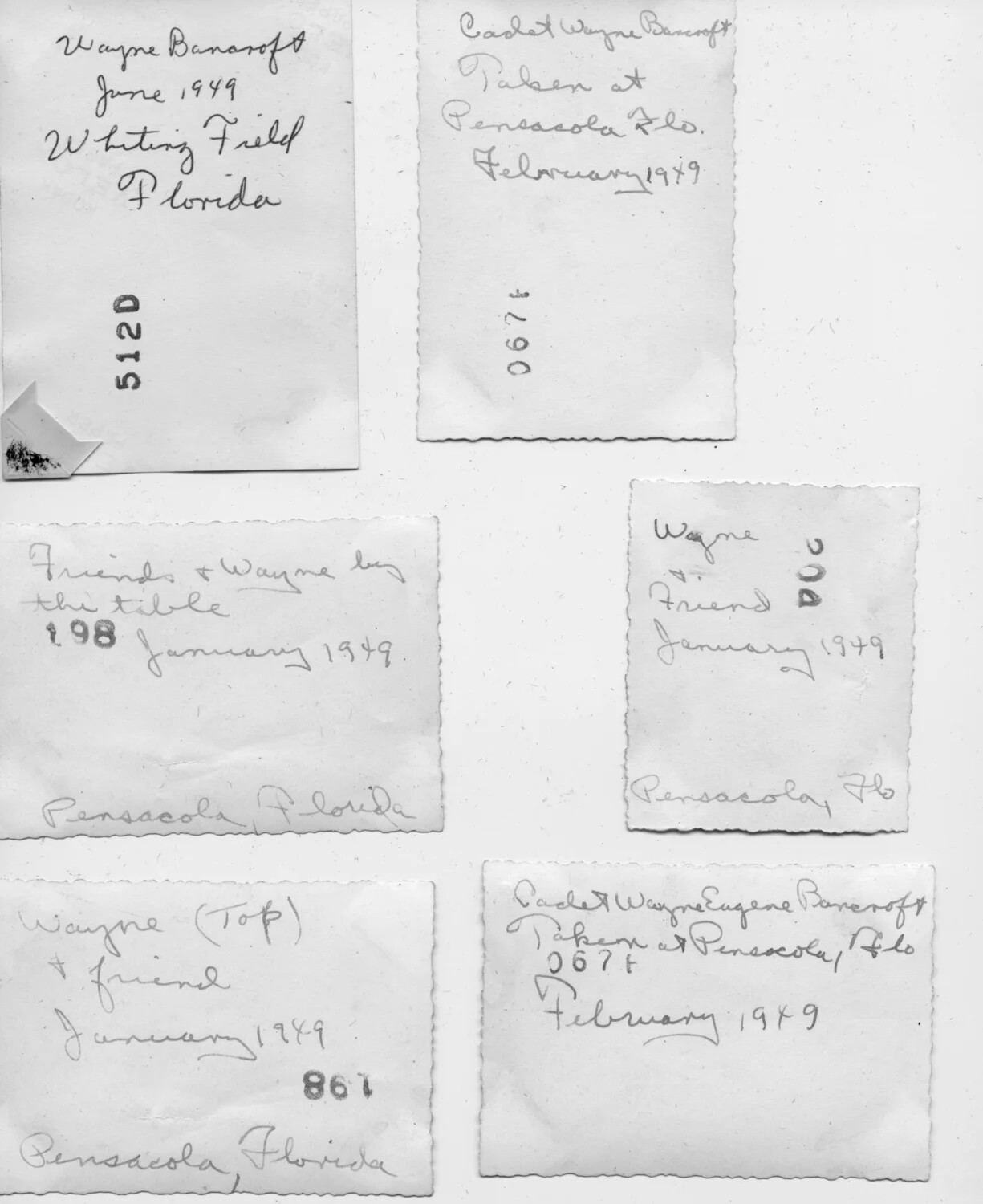 Reverse Sides of Photograph Prints with Handwritten Captions, Cadet Wayne Bancroft, NAS Pensacola/Whiting Field, 1949