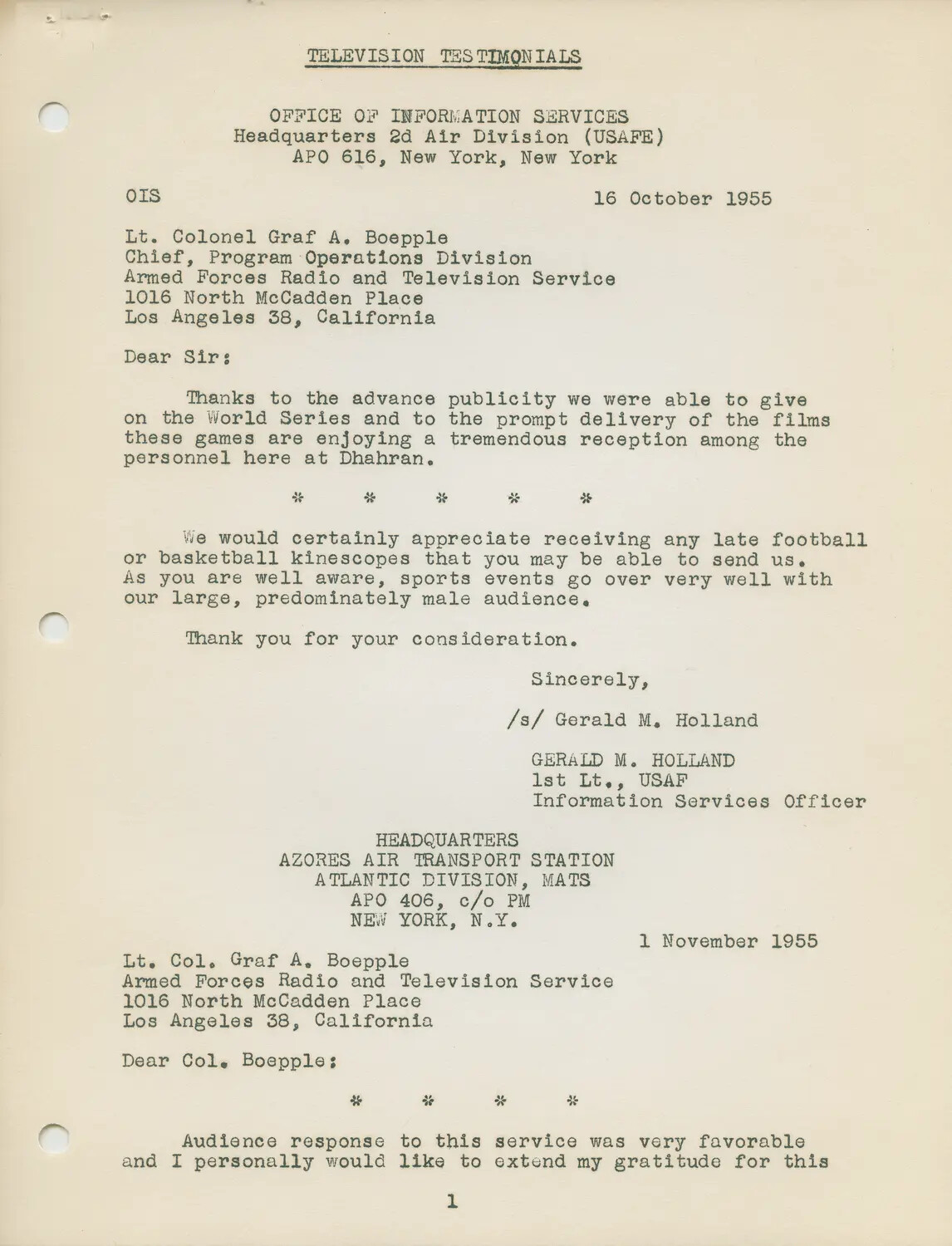 Television Testimonials -- Armed Forces Radio and Television Service Correspondence, October-November 1955