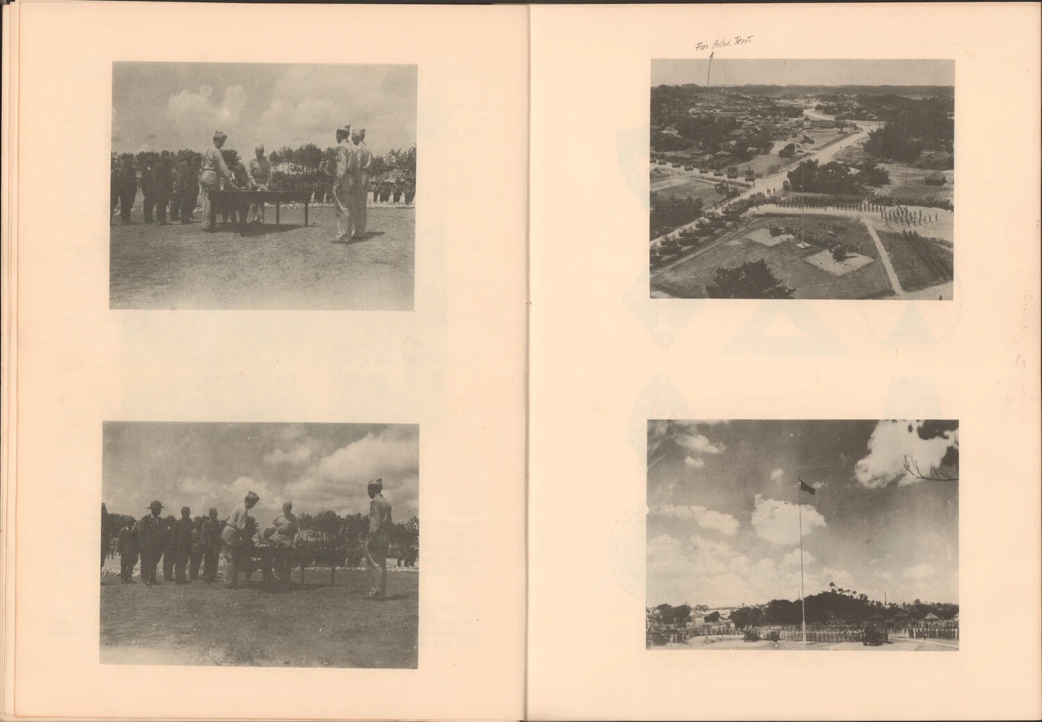 WWII Photo Album Spread: Military Ceremony, Camp Aerial View, and Flag-Raising, Japan Occupation Period
