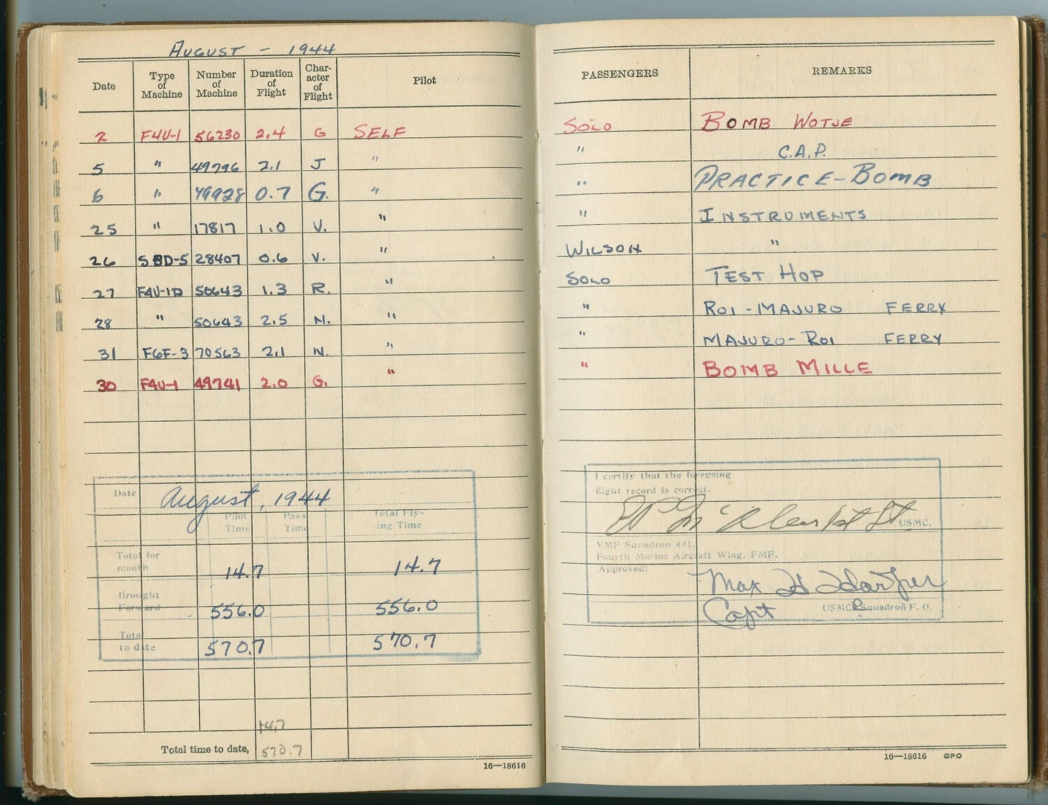US Marine Corps Aviator's Flight Logbook, August 1944 - VMF-441, Fourth Marine Aircraft Wing