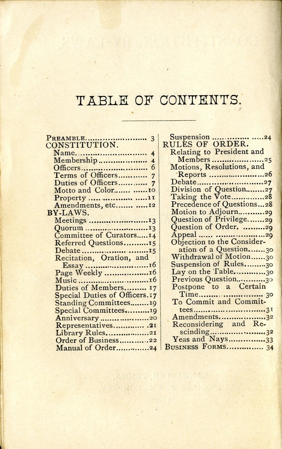 Table of Contents, Page Literary Society Constitution and By-Laws Rule Book