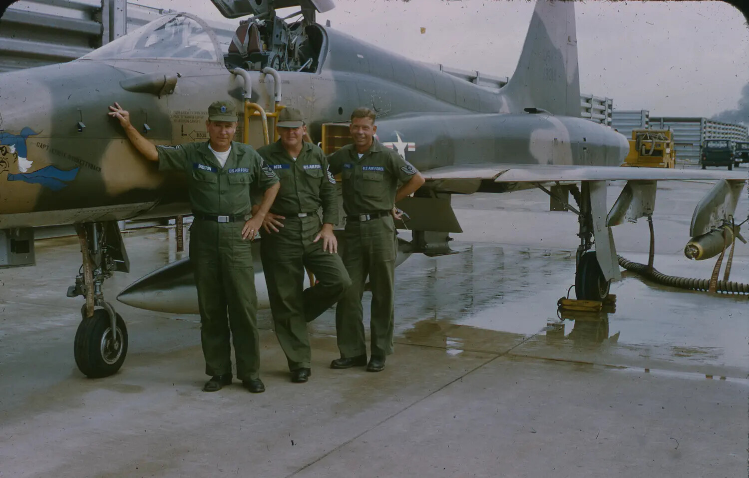 USAF Airmen with Camouflaged Fighter Jet, 3rd Tactical Fighter Wing, South Vietnam, 1965