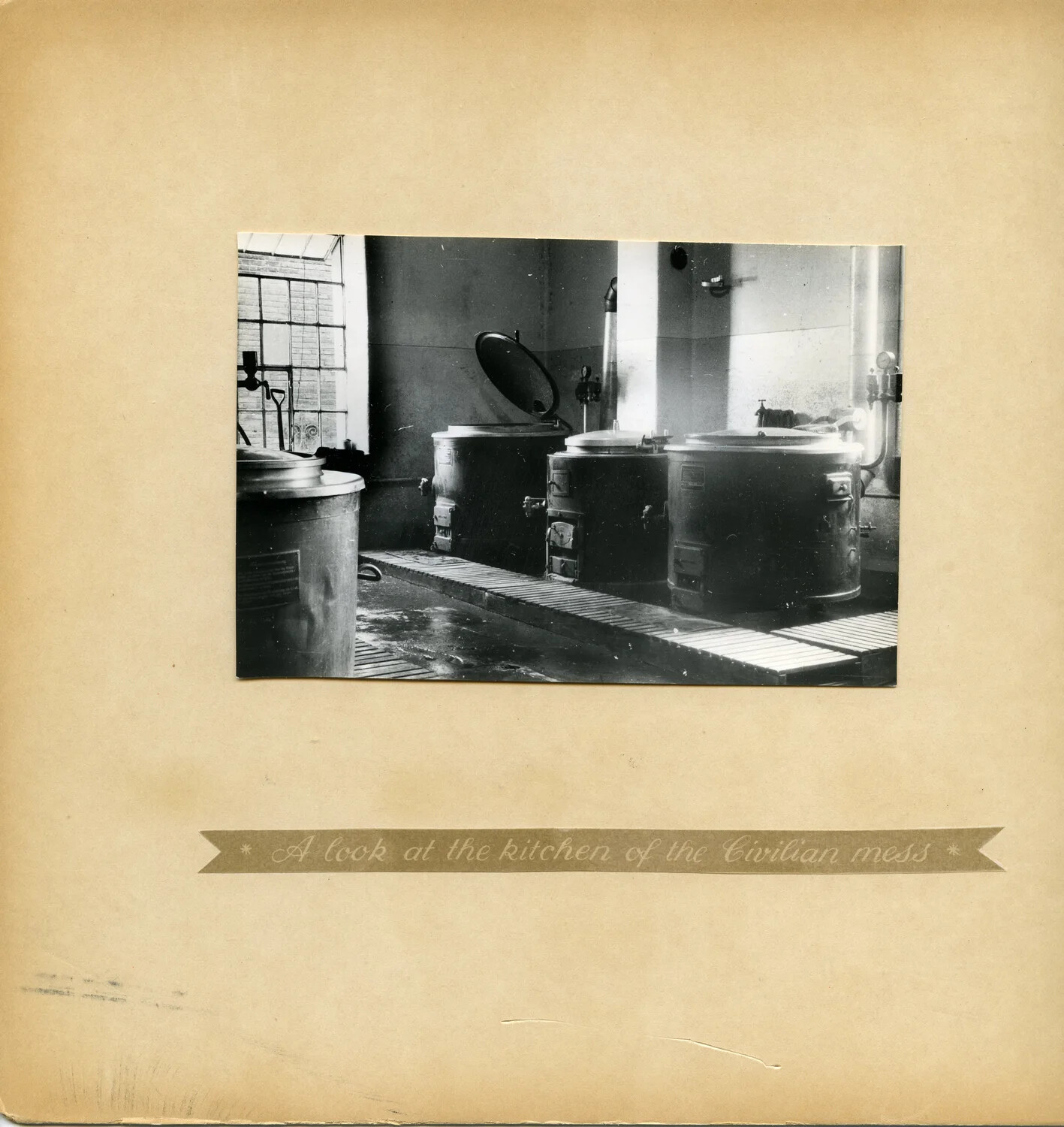 Album Page: 'A Look at the Kitchen of the Civilian Mess' - Steam Kettle Battery, U.S. Army Depot, Germany