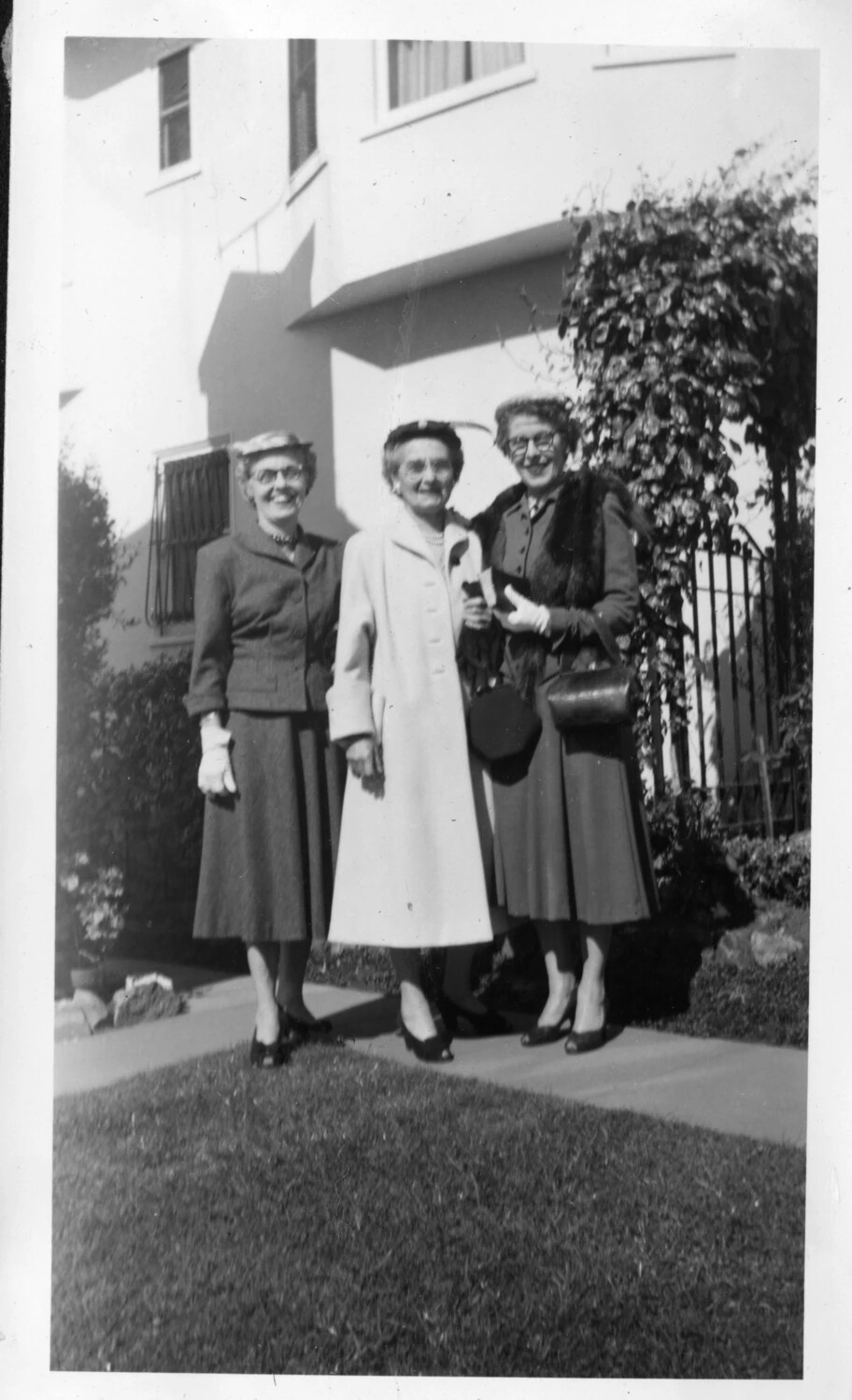 Three Women in Formal Dress Outside a Residence, Presidio Album, c. 1950s