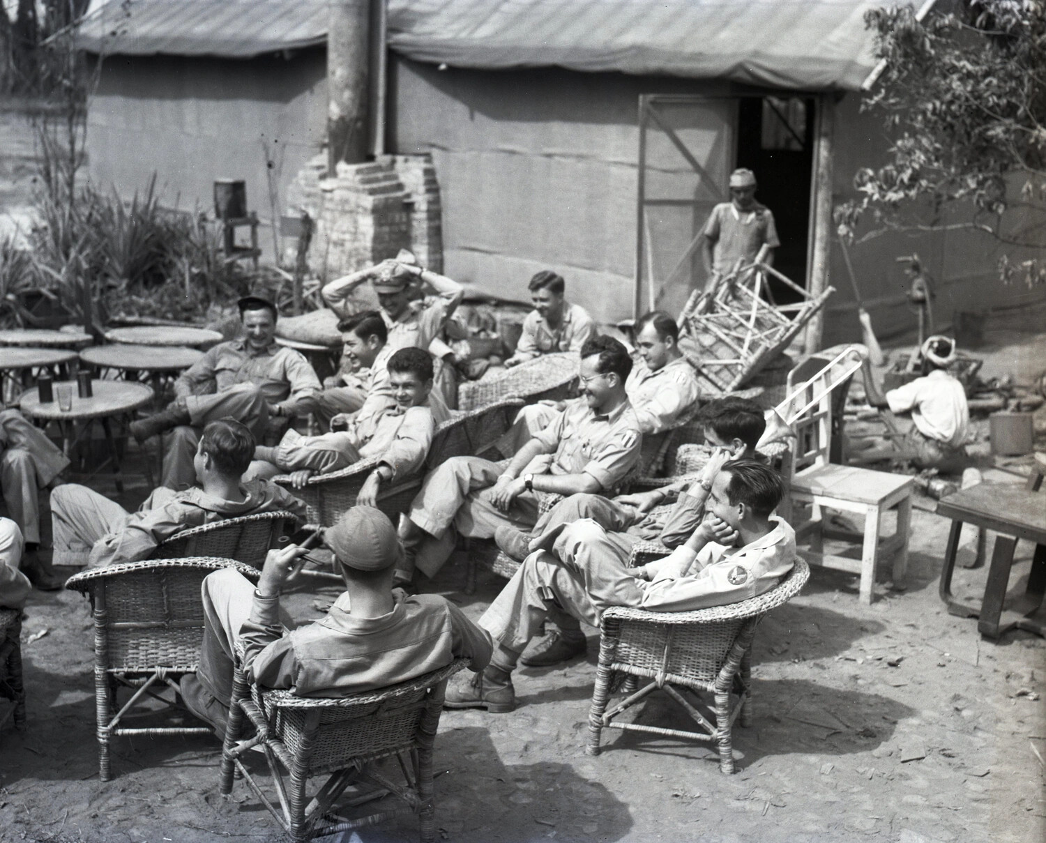 USAAF Airmen Relaxing at an Outdoor Camp Lounge, China-Burma-India Theater, WWII