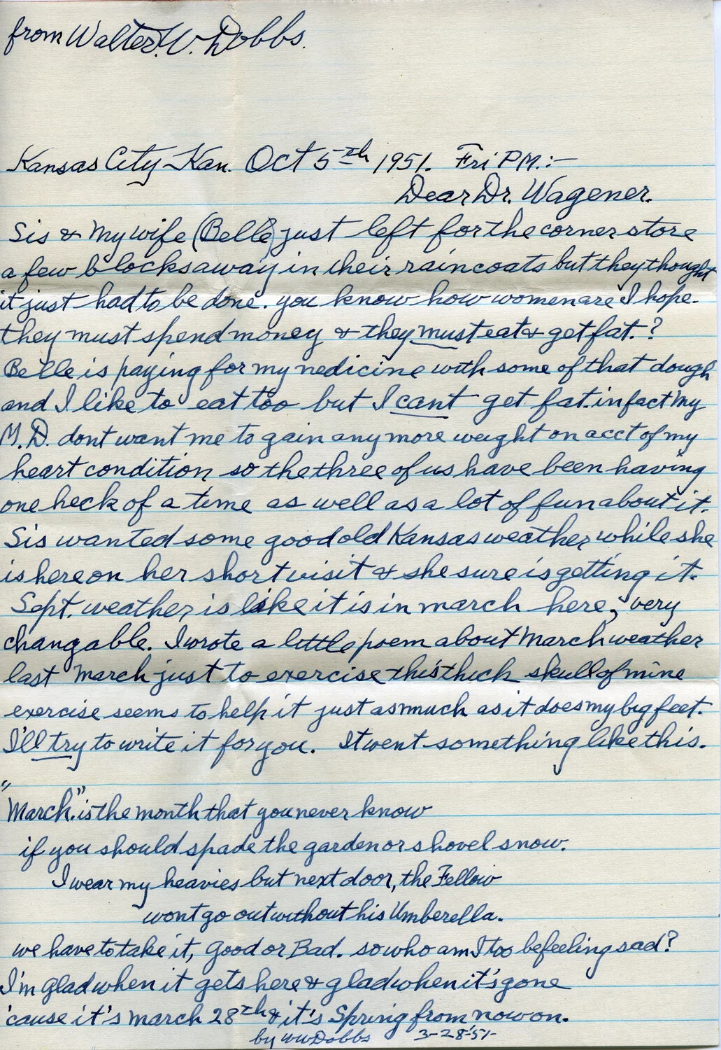 Letter from Walter W. Dobbs to Dr. Wagener, Kansas City, Kansas, October 5, 1951