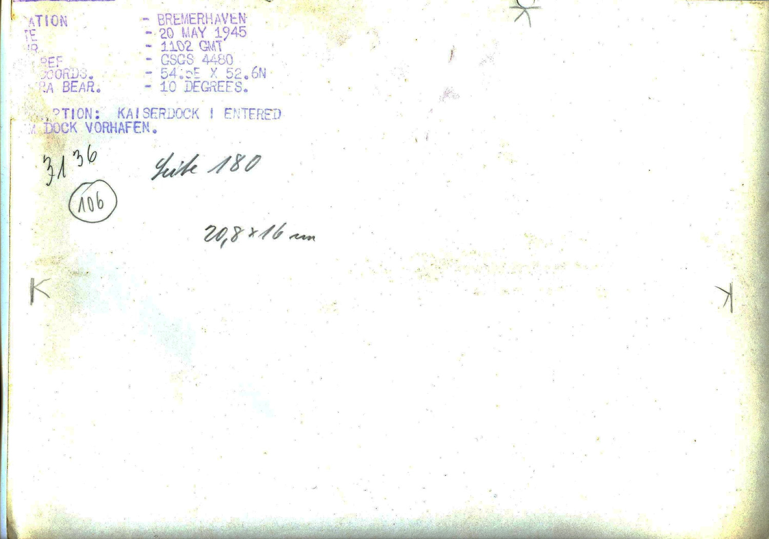 Verso of Reconnaissance Photograph: Kaiserdock, Bremerhaven, Dated 20 May 1945