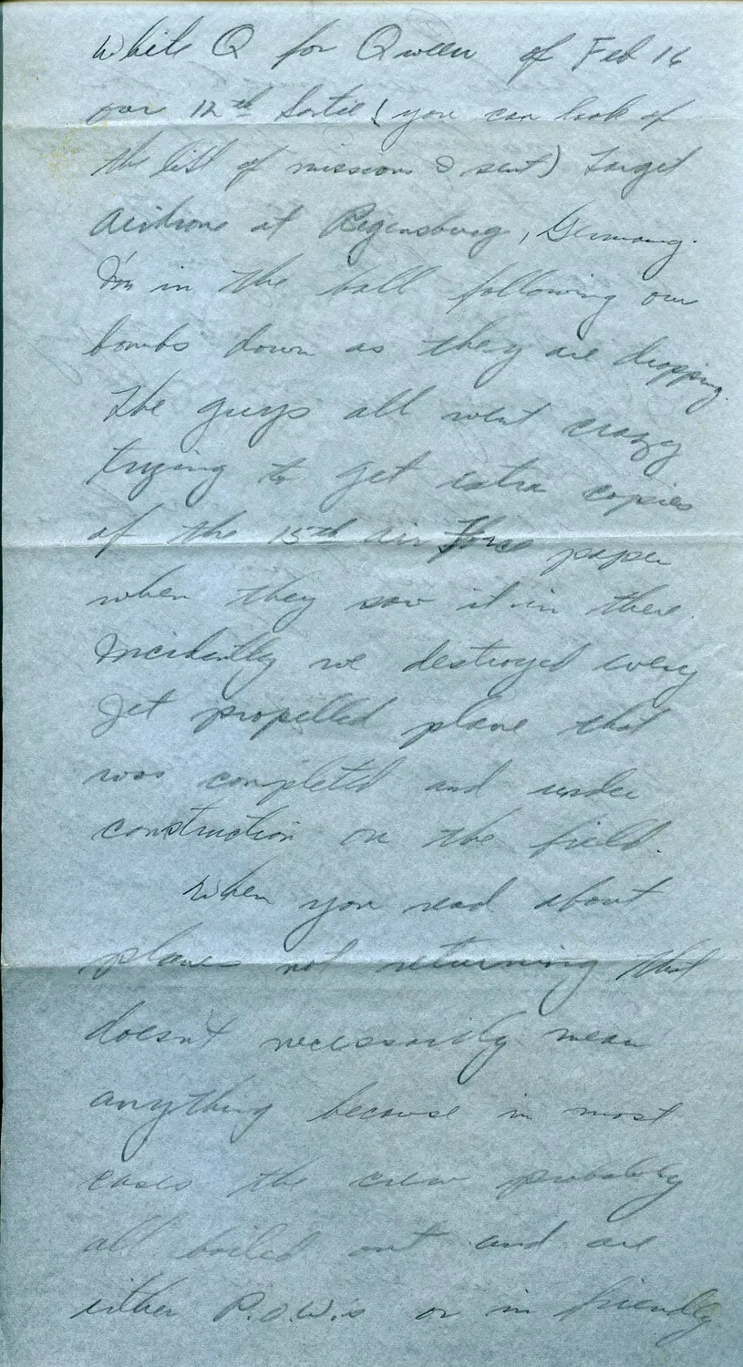 Handwritten Letter from B-24 Ball Turret Gunner Describing Regensburg Airdrome Mission, 1944, Margaroli Collection