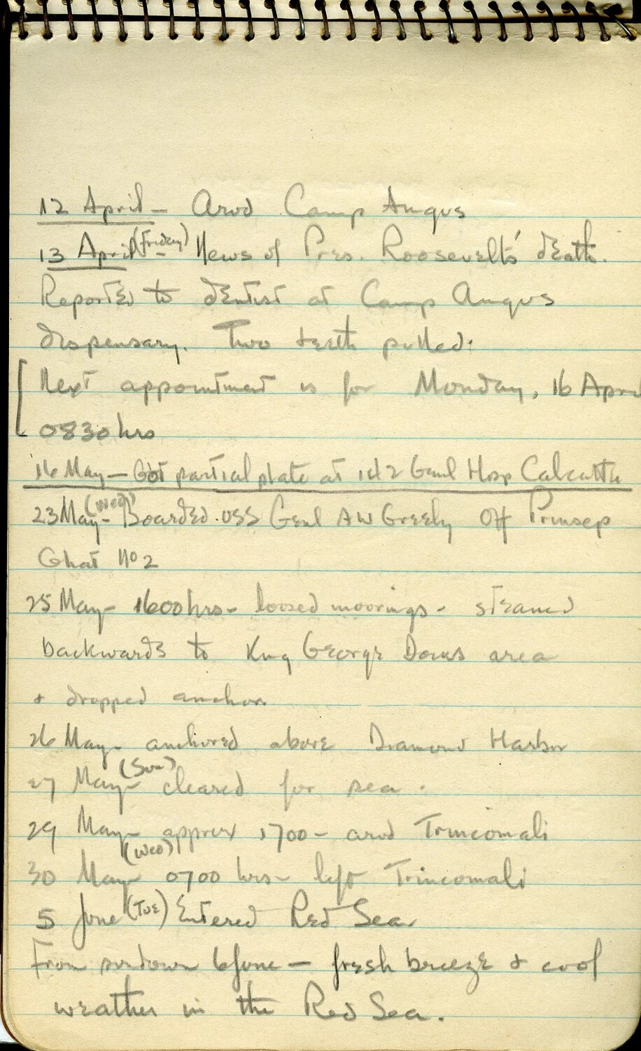 Handwritten Diary Page: Arrival at Camp Angus, News of FDR's Death, and Homeward Voyage Aboard USS General A.W. Greely, April-June 1945