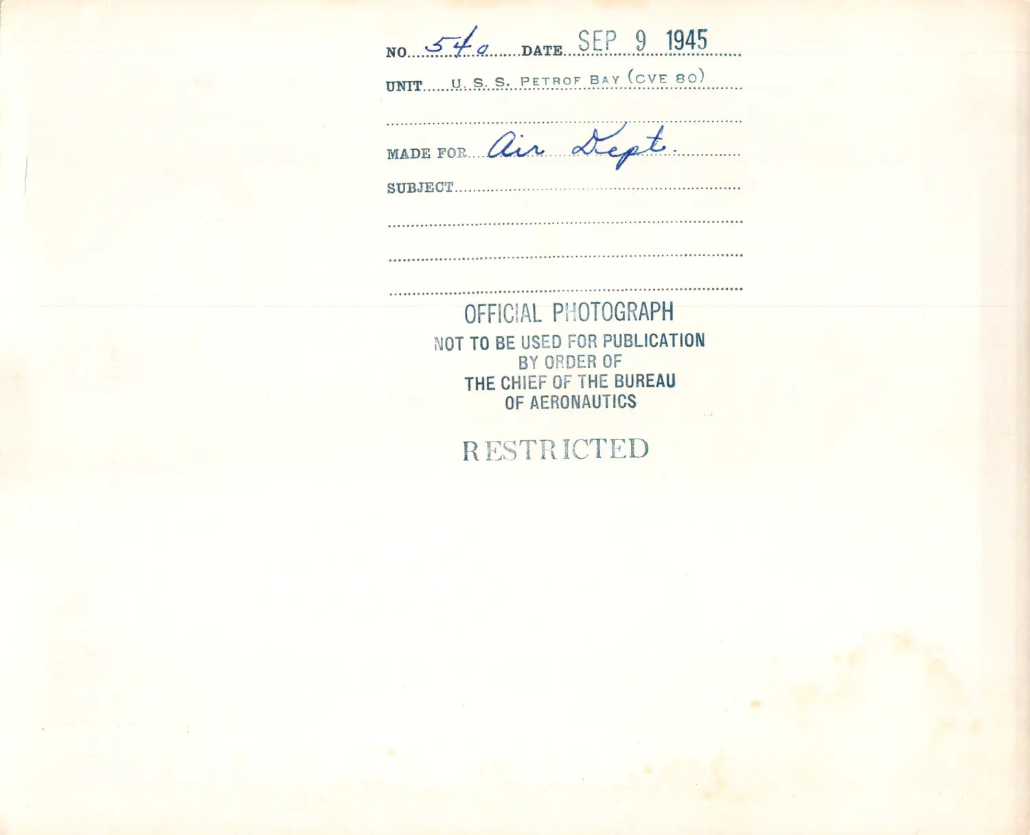 U.S. Navy Official Photograph Caption/Identification Card - USS Petrof Bay (CVE-80), September 9, 1945