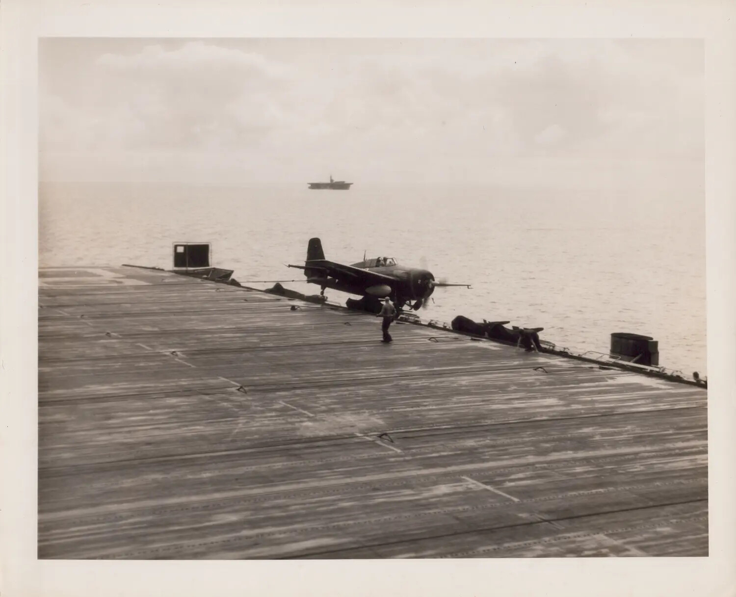 Fighter Aircraft at the Round-Down of an Escort Carrier Flight Deck, WWII Pacific Theater
