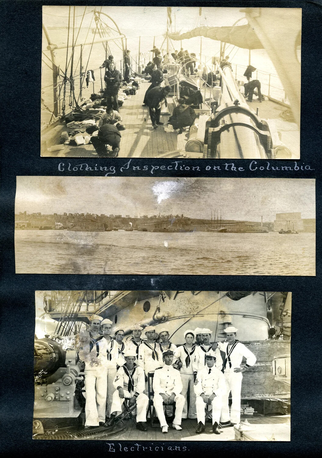 Album Page (Duplicate Scan): Clothing Inspection, West Shore Railroad Harbor View, and 'Electricians' Division - USS Columbia Album