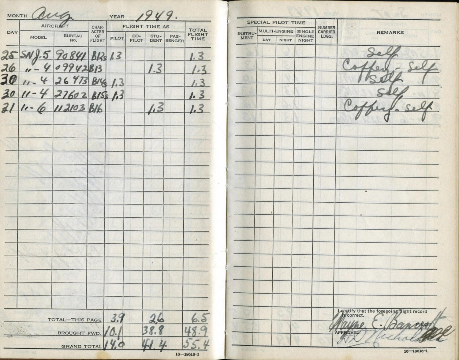 Page from U.S. Naval Aviator's Flight Logbook, August 1949