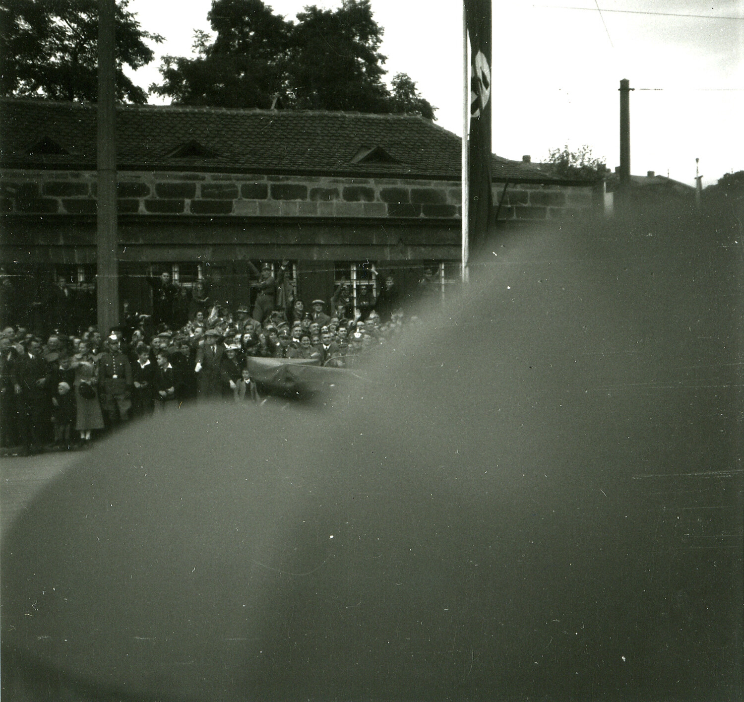 Crowd Gathered with Swastika Banner Along Street, Nuremberg, Germany, WWII Era