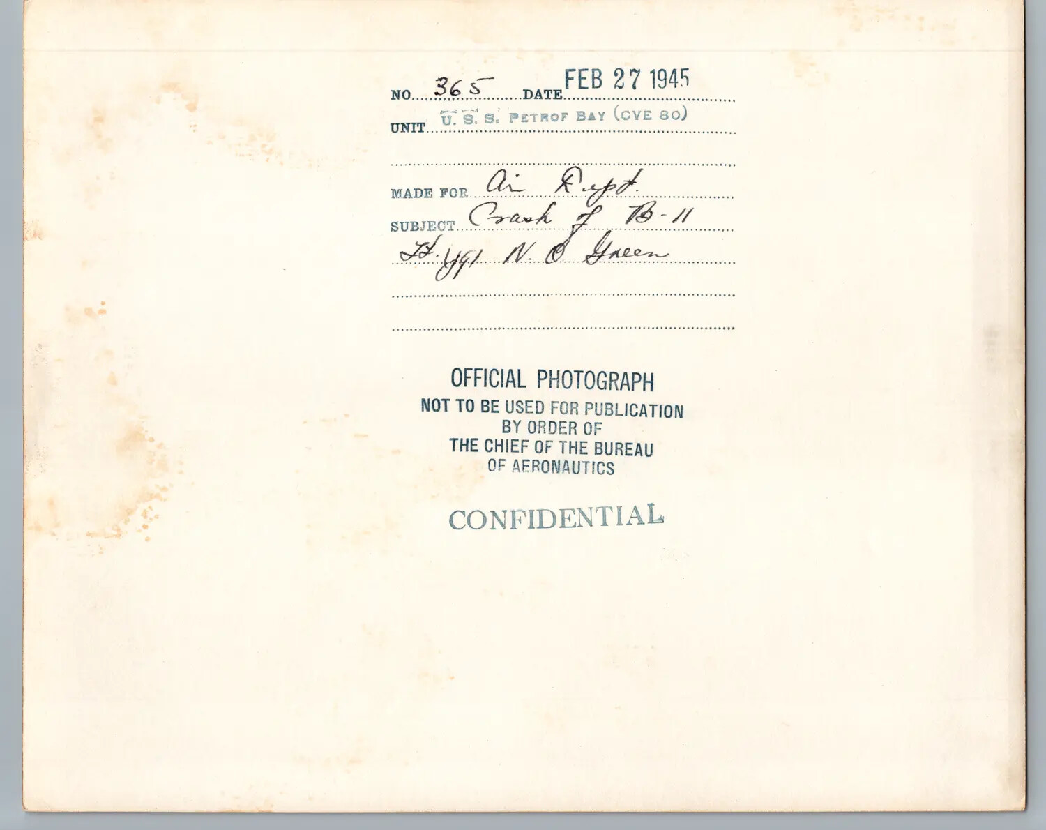 Caption Card, Official U.S. Navy Photograph No. 365, USS Petrof Bay (CVE-80), 27 February 1945 - Crash of Aircraft 'B-11' (Duplicate/Companion Card)