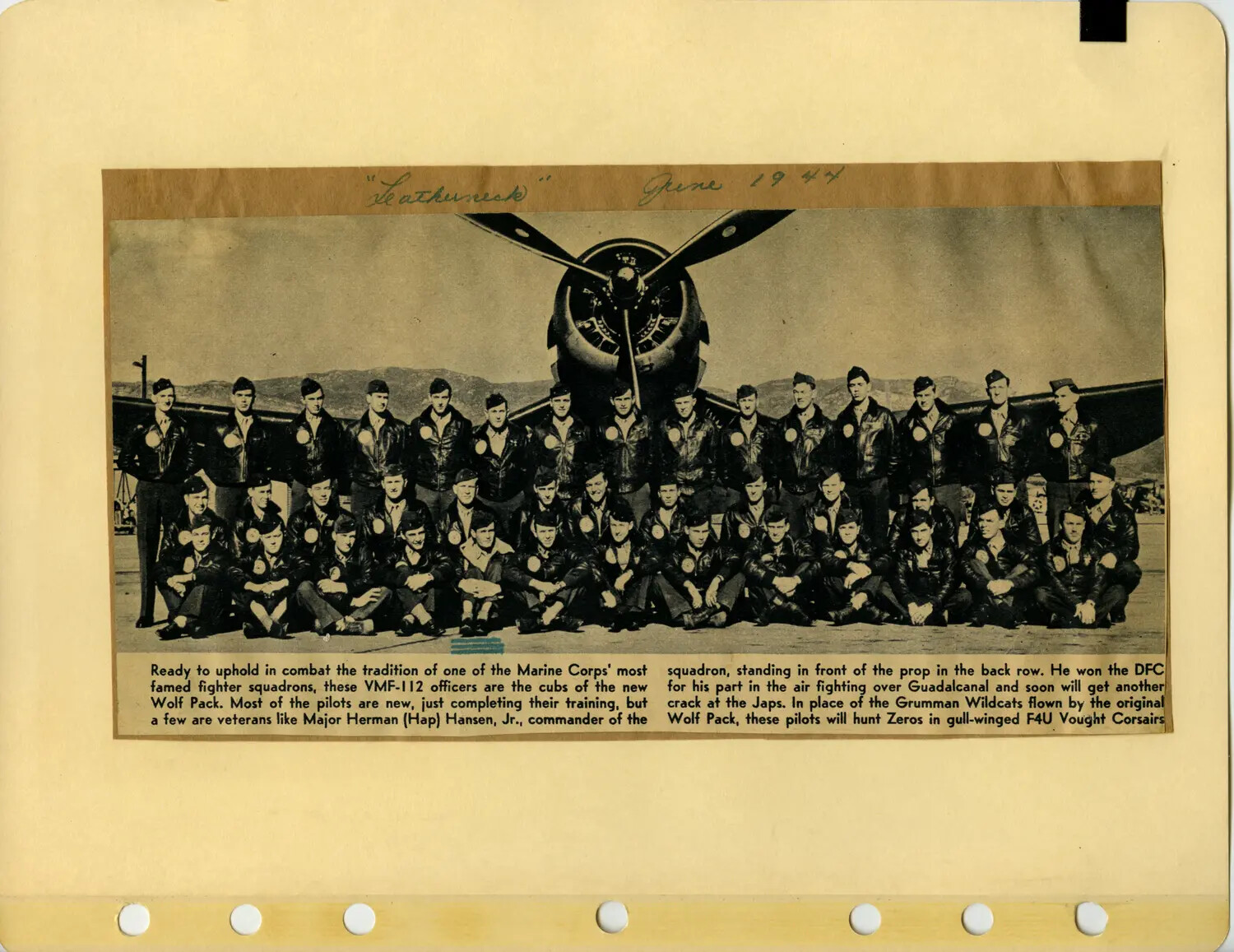 VMF-112 'Wolf Pack' Officers Pose Before Propeller, Leatherneck Magazine, June 1944