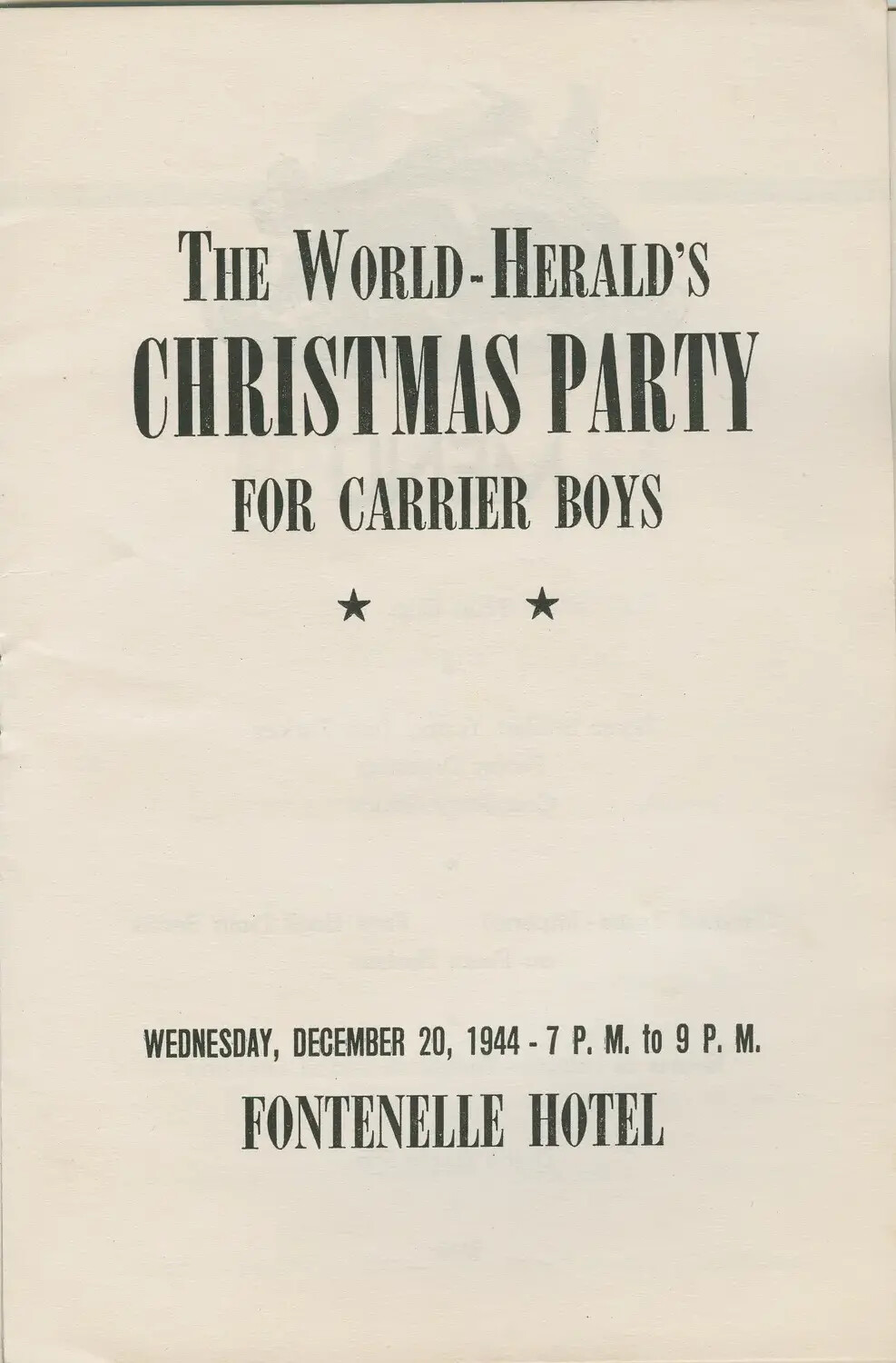 Omaha World-Herald Christmas Party for Carrier Boys Invitation, December 20, 1944