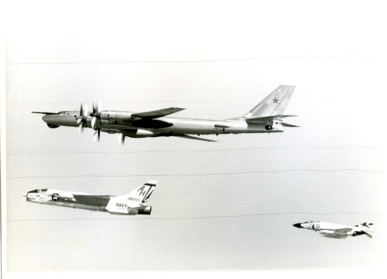 U.S. Navy F-8 Crusader and F-4 Phantom Intercept Soviet Tu-95 'Bear' Bomber, Vietnam Era