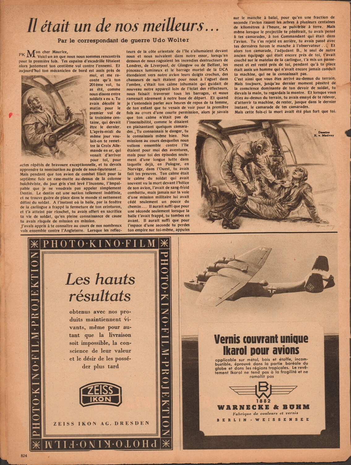 Der Adler Magazine Page (French Edition): 'Il etait un de nos meilleurs...' - Tribute to a Fallen Luftwaffe Airman, with Zeiss Ikon and Warnecke & Buhm Advertisements