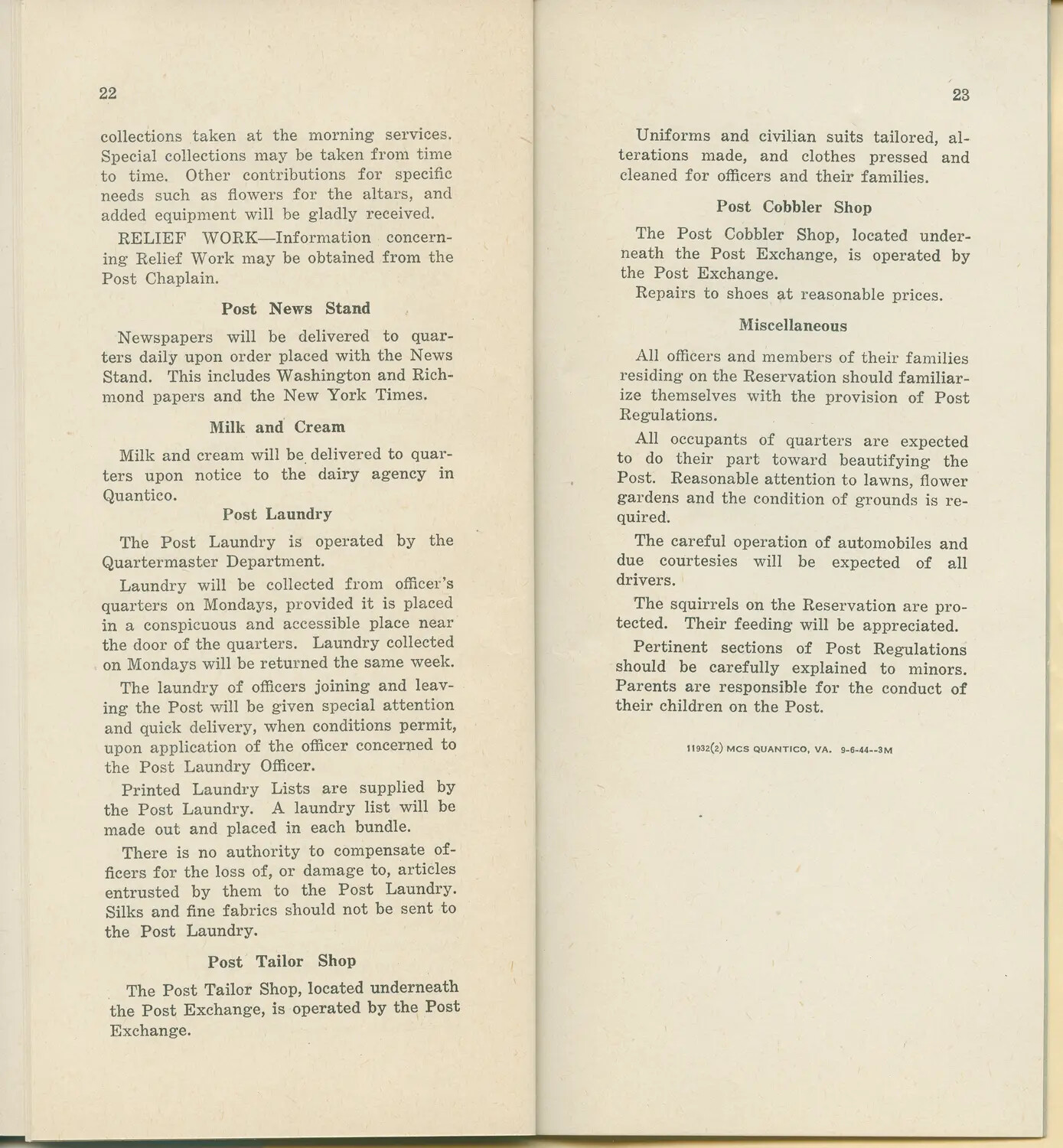 Marine Corps Schools, Quantico, VA — Post Regulations Booklet, Pages 22-23 (1944)