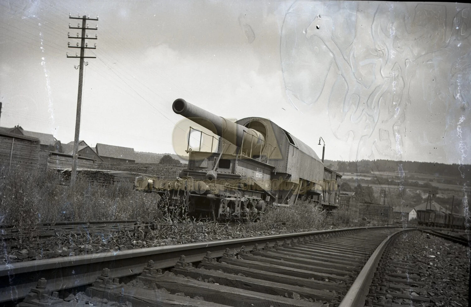 Captured German Railway Gun on Rail Carriage, End of WWII, Germany