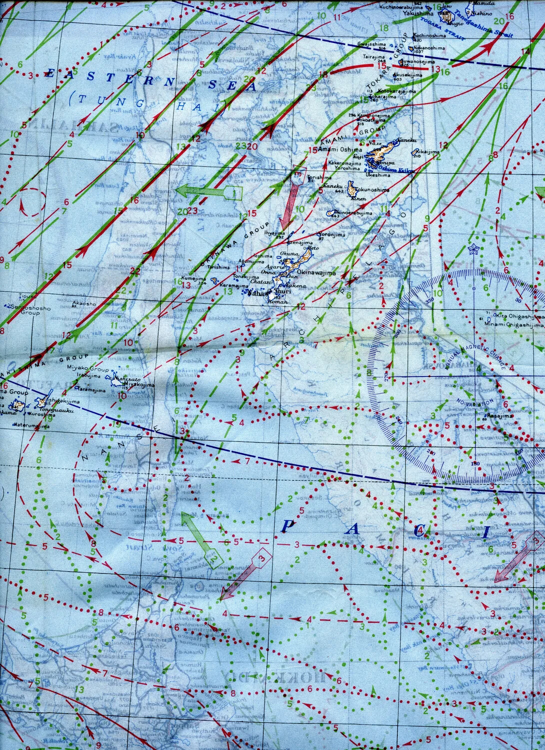 WWII Silk Escape Map Detail - Okinawa and Ryukyu Islands with Ocean Current and Magnetic Variation Data
