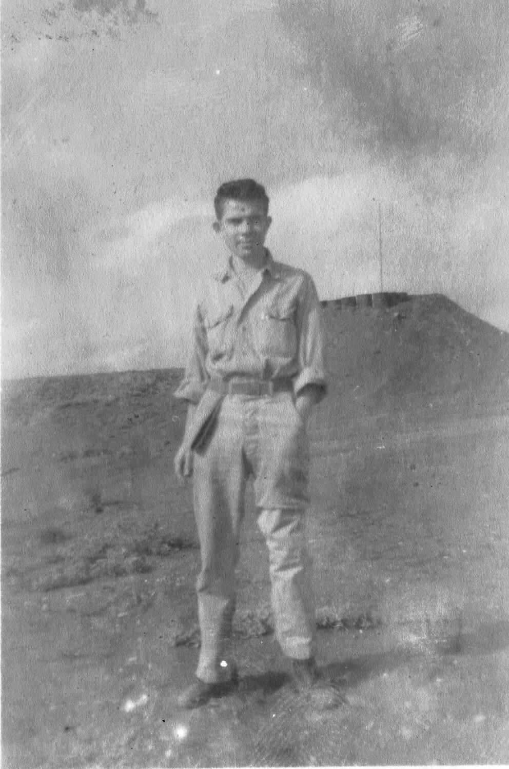 Portrait of a U.S. Marine Before an Earthen Emplacement, Iwo Jima, 1945