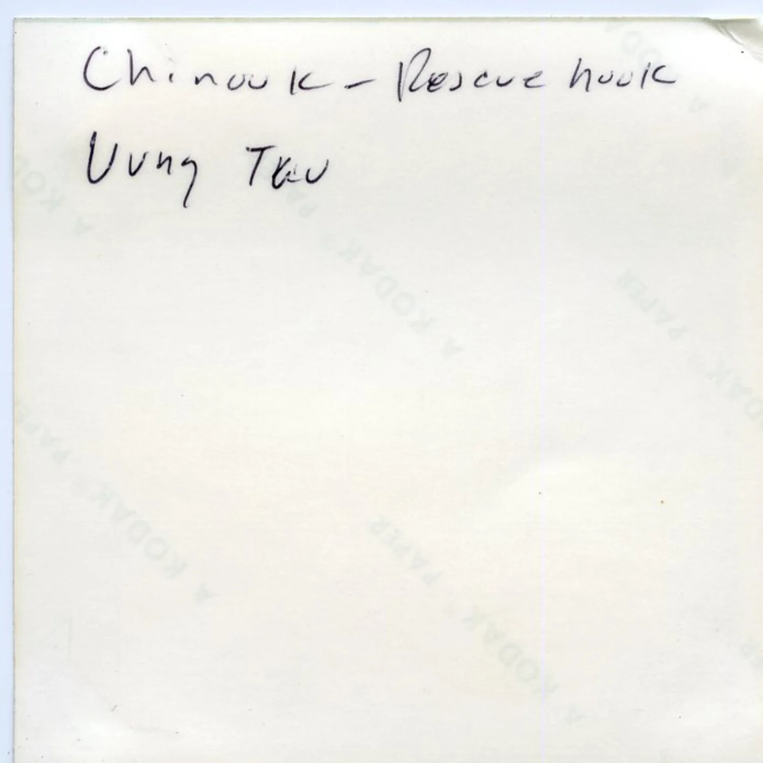 Verso of Photographic Print Captioned 'Chinook - Rescue Hook, Vung Tau,' Vietnam, 1971