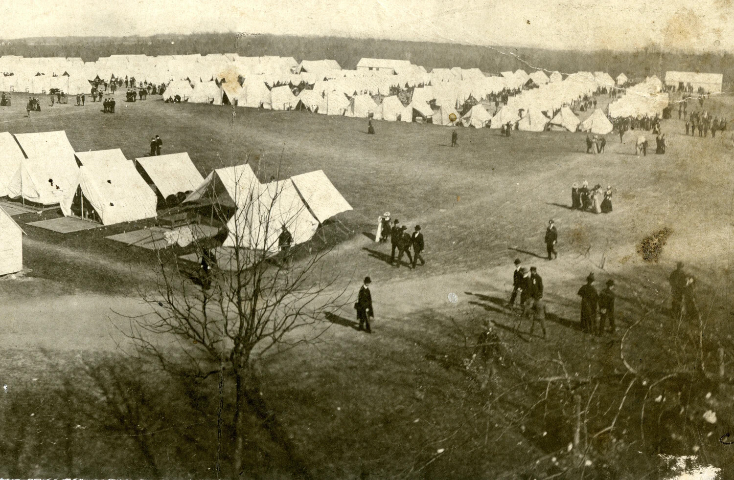Elevated View of Tent Encampment with Civilian Visitors, Camp Grayling, Michigan, c. 1915