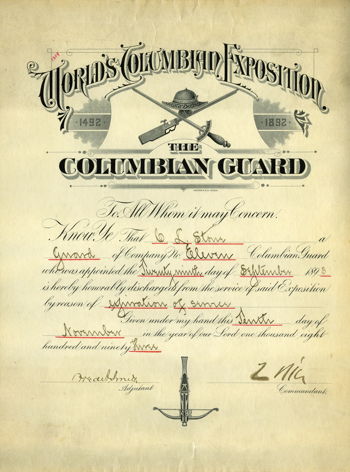 World's Columbian Exposition Columbian Guard Discharge Certificate, 1893