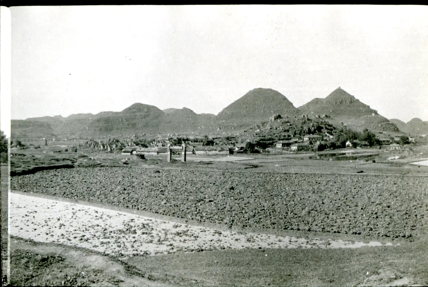 Rural Chinese Village Landscape with Fortified Hillside Settlement, China-Burma Theater, WWII