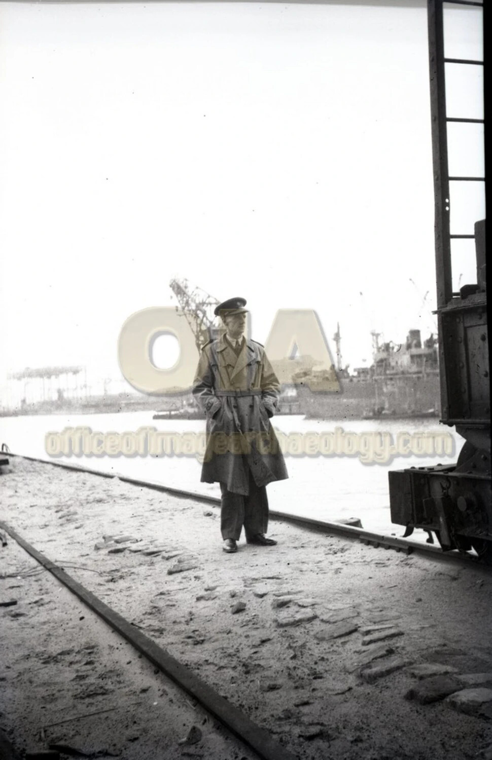Officer Standing on Dockside Rail Siding, Harbor Scene, Bremerhaven, Germany