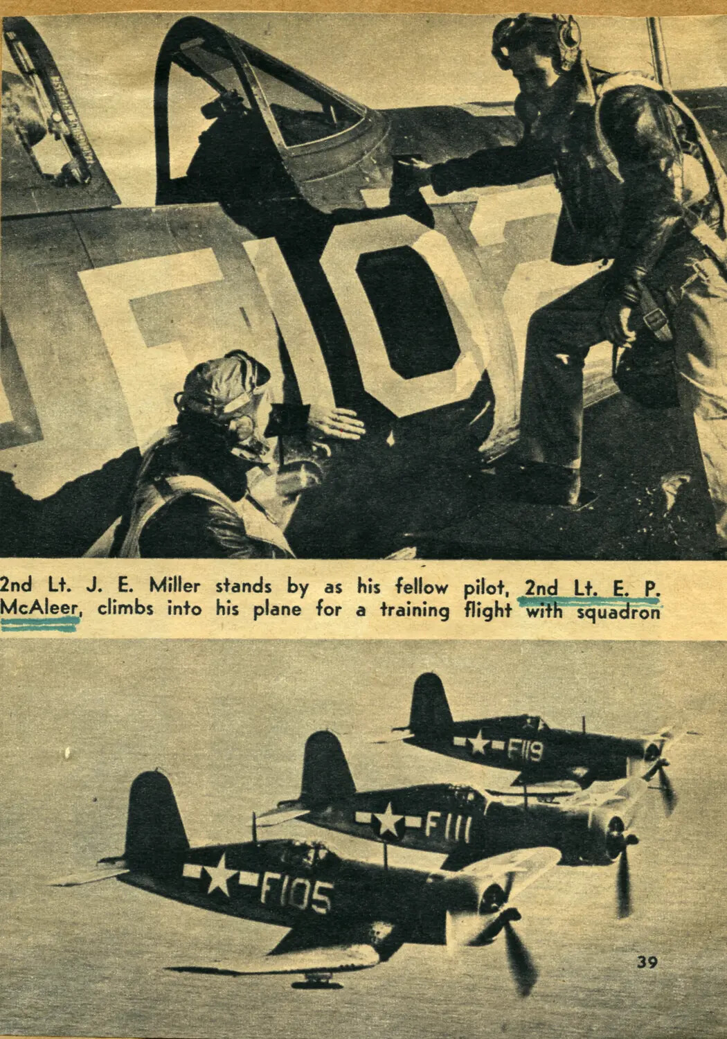 Newspaper Clipping: 2nd Lt. E. P. McAleer Training Flight with Squadron (Page 39)