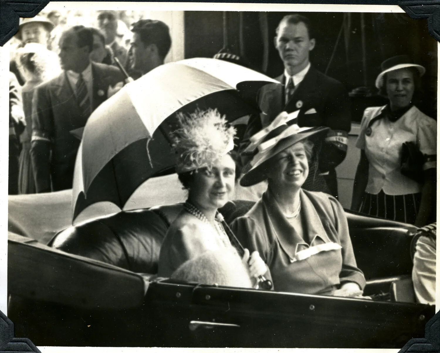 Dignitaries in Open Touring Car Under Parasol, Likely 1939 Royal Visit -- Jervey Signal Corps Album