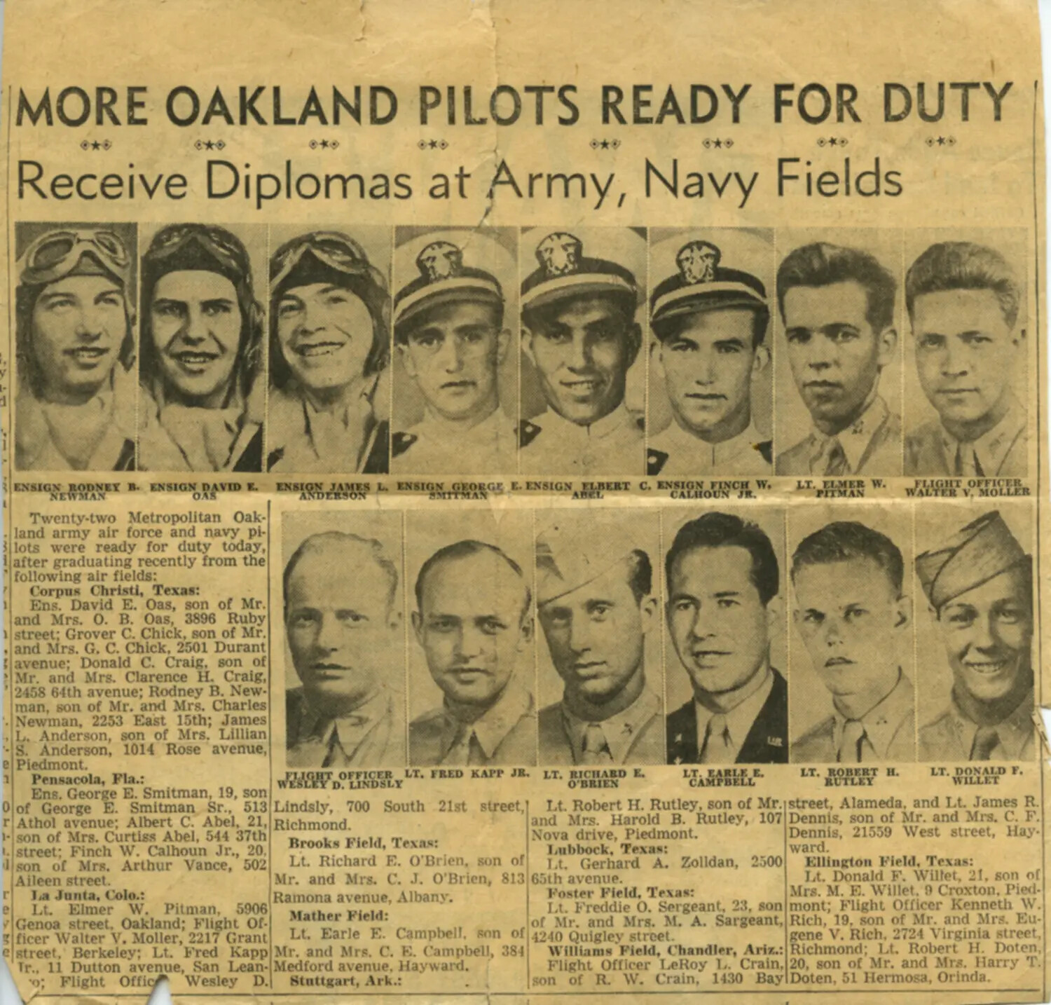 Newspaper Clipping: 'More Oakland Pilots Ready for Duty,' WWII Home-Front Press