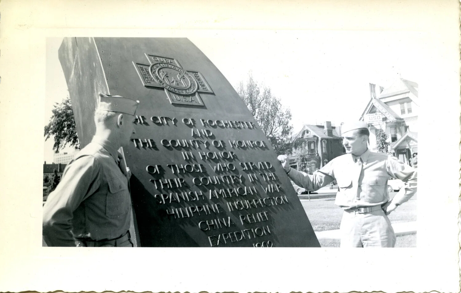 Servicemen at Spanish-American War Memorial, City of Rochester and County of Monroe, WWII-era Personal Photograph