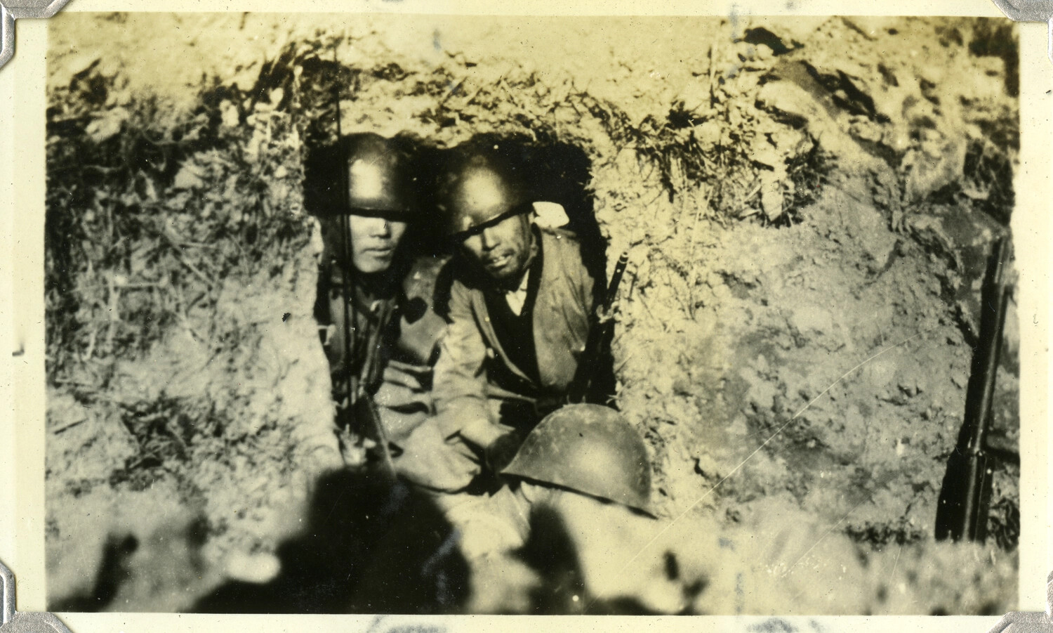 Two Soldiers in a Foxhole, Steel Helmets and Rifles, c. 1930s