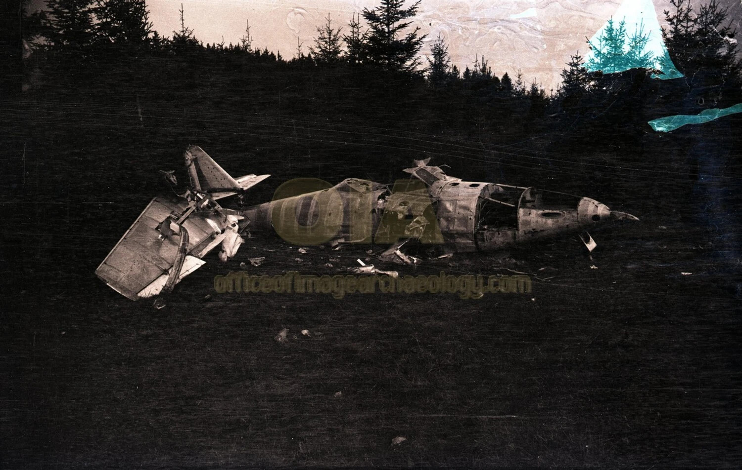 Wreckage of a Downed Single-Engine Military Aircraft in a Forest Clearing, Germany, WWII Era