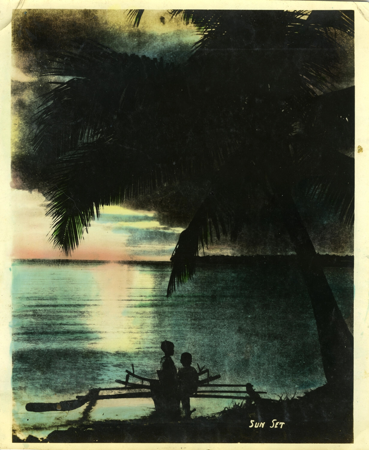 "Sun Set" - Hand-Tinted Photograph of Children on an Outrigger Canoe, Philippines, Early-Mid 20th Century