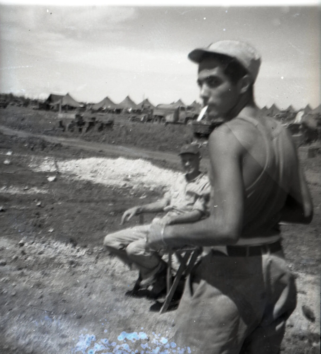 Two Airmen Overlooking the Tent Camp, 345th Bomb Group Encampment, Ie Shima, WWII