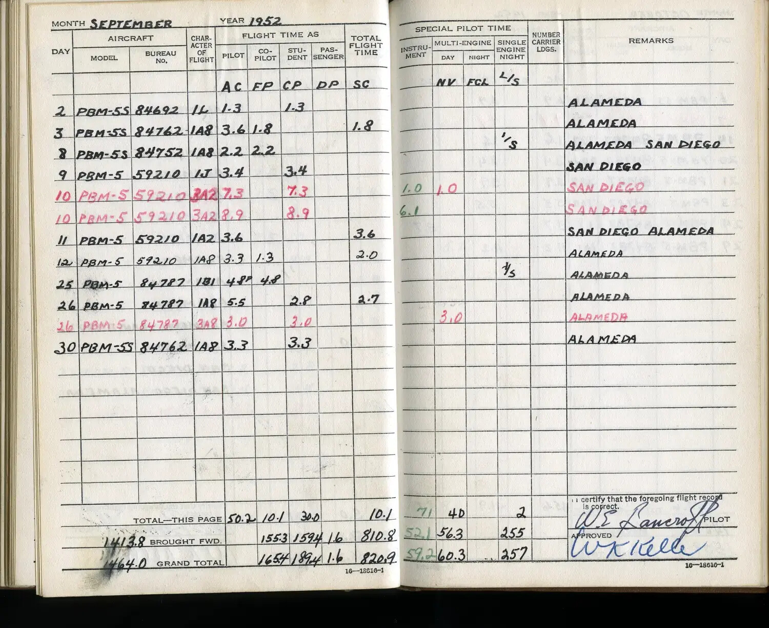 U.S. Navy Pilot's Flight Logbook, September 1952 — PBM-5 Mariner Entries (Lt. W.E. Bancroft)